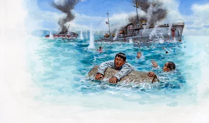 French-Thai War (1940-1941): naval battle between the army of Thailand of General Plaek Pibulsonggram dit Phibun and the French army of the government of Vichy in Indochina - Illustration by Giuseppe Rava