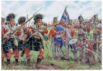 Scottish and British Soldiers at Battle of Waterloo on 18th June 1815 (Illustration by Giuseppe Rava)
