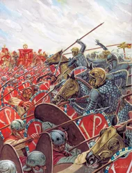 Roman Antiquite: Battle of the Milvius Bridge on 28/10/312 between Constantine and Maxence near Rome, Italy - Battle of the Milvian Bridge between the Roman Emperors Constantine I and Maxentius on 28 October 312 near Rome - Illustration by Giuseppe Rava