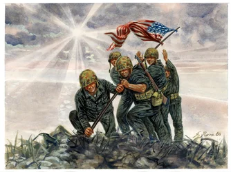 Second World War, Pacific War: Battle of Iwo Jima, US Marines victory in February 1945 - Second World War, Pacific War: Battle of Iwo Jima (Operation Detachment), the US Marines raise the American flag, February 1945, Japan - Illustration by Giuseppe Rava
