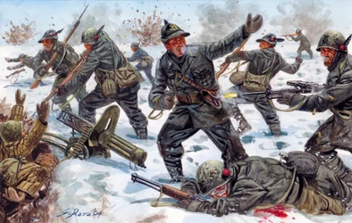 Second World War, Russian Front: Italian Alpine Hunters in Russia - Illustration by Giuseppe Rava