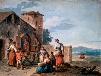 A group of peasants before the tabernacle with the Standing Madonna statue