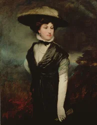 Portrait of Amy Bird, the Actress, Standing Three-Quarter Length, in Black, a Landscape Beyond