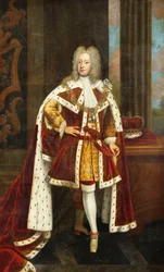 Portrait of King George II When Prince of Wales, Full Length, Wearing State Robes and the Collar of the Order of the Garter, Holding His Sword in His Left Hand, and His Coronet on a Table Beside Him, in an Interior