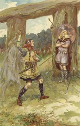 Hodur took the mistletoe from Loki, and Loki guided his arm, and he hurled it at Baldur, and with a sharp cry Baldur fell dead