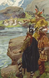They saw on the margin of the lake, three maidens sitting and spinning flax