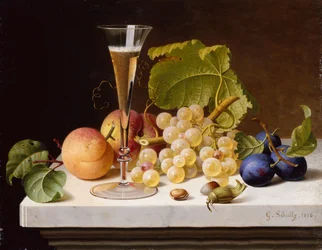 Grapes, Peaches, Plums, Nuts and a Glass of Champagne on a Marble Ledge