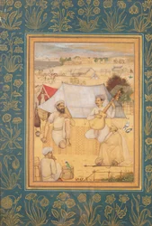 Musicians and Singers Kneel at the Outskirts of a Mughal Camp. A Yogi and a Servant Listen to Them, from the Minto Album, c.1630