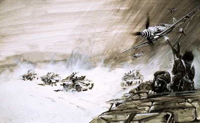 A convoy of five heavy trucks crossing the Egyptian Sand Sea are attacked by an enemy plane