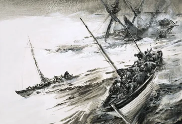 Unidentified Shipwreck with Lifeboats Escaping into Stormy Seas