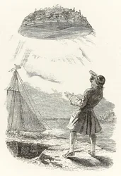 Gulliver sees the flying island Laputa for the first time, from 