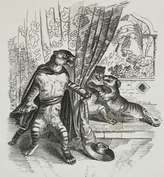Tiger advances with dagger, caricature by Jean-Jacques Grandville