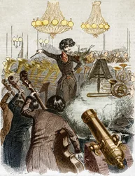 A concert has a machine gun. Cartoon by Hector Berlioz conducting an orchestra. In 