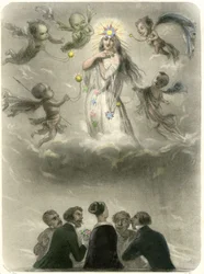 Allegory of a young woman surrounded by 4 suitors, who compares herself to a planet around which four satellites gravitate, one of which will become her sun. Grandville engraving illustrating a chapter in Mery
