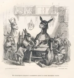 Donkeys at school. Vignettes illustrated by J. J. Grandville. Engraving signed by Caque in the section entitled "Donkey