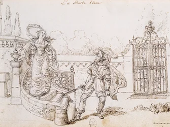 Bluebeard, illustration for fairy tale by Charles Perrault, engraving by Grandville