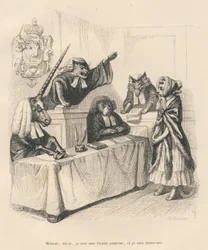 A female cat defending herself before a tribunal consisting of a unicorn, a tomcat, a dog and a wolf. Vignettes illustrated by J. J. Granville. Engraving signed by Brévière in the section entitled "Court Tribulations of an English Female Cat", written by