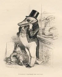 Crocodile Dressed as a Dandy with a Big Belly. Illustrated Vignettes by JJ Granville. Engraving signed Breviere in the section 