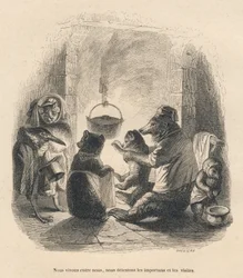 Two Visitors Annoying the Bear Family Sitting in Front of the Fireplace with a Pot Hanging from a Hook. Illustrated Vignettes by JJ Granville. Engraving signed Breviere in the section 