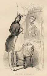 Insect looking at its human reflection in the mirror. Illustrated vignettes by JJ Granville. Engraving signed Andrew, Best and Leloir in the section titled "The Adventures of a Butterfly" written by PJ Stahl in "Scenes from the Private and Public Life of A