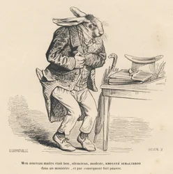 Rabbit as a subordinate employee in a ministry. Illustrated vignettes by JJ Granville. Engraving signed Breviere in the section "History of a Hare" written by PJ Stahl in "Scenes from the Private and Public Life of Animals". Paris, J. Hetzel and Paulin