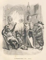 The sloth yawned as he waited. Illustrated vignettes by JJ Granville. Engraving signed Godard in the section titled "The Animal Doctors" written by Pierre Bernard in "Scenes from the Private and Public Life of Animals". Paris, J. Hetzel and Paulin