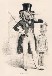 Lion of Paris. Illustrated vignettes by JJ Granville. Engraving signed Andrew, Best and Leloir in the section titled "Voyage of an African Lion to Paris" written by Honore de Balzac in "Scenes from the Private and Public Life of Animals". Paris, J. Hetzel 