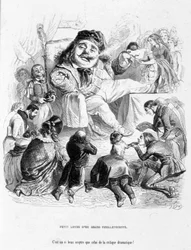 Mocking the power of a dramatic critic. Cartoon In Jérôme Paturot in search of a social position by Louis Reybaud