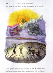 Personified astronomical instruments observing an eclipse (moon and sun kissing) - in Other World by Grandville