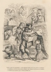 Here is What Just Appeared. Cat and Bird Selling the Present Book for Six Sous. Illustrated Vignettes by JJ Granville. Engraving Signed by Andrew, Best, and Leloir in the Prologue Titled 