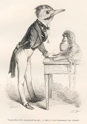 You are going to be a great scholar, and I am going to announce it to the world. Engraving signed by Tamisier in the section entitled “Donkey Guide for Animals Who Wish to Attain Honours,” written by Honoré de Balzac