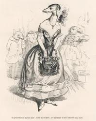 ... outside the theater, these animals are even uglier. Illustrated vignettes by JJ Granville. Engraving signed Godard in the section titled "The First Serial of Pistolet" written by Jules Janin in "Scenes from the Private and Public Life of Animals"
