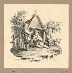 Two Figures in Front of Structure with Cross