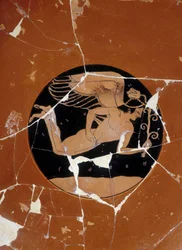 Attic Cup with Red Figures (Detail) Signed by the Potter Kachrylion Representing a Greek Hero
