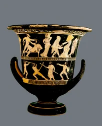 Attic red-figure calyx-krater depicting (above) the Deeds of Theseus and (below) the satyrs Sikinnis, Komos and Simos light torches from coals Prometheus carries in a fennel stalk, c.420 BC