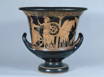 Attic Red-Figure Kalyx Krater Depicting a Hoplite Leaving for the War