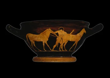 Attic Red-Figure Skyphos, Depicting Herakles and the Mares of Diomedes