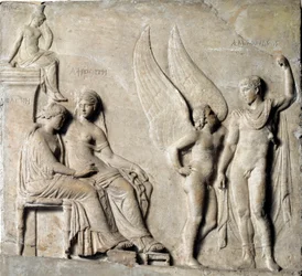 Paris, prince of Sparta and Helen of Troy, with Aphrodite - Marble relief