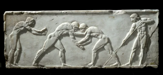 Greek Art: Base of Kouros Representing Wrestlers During a Fight