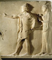Hermes Agoraios and a Charity, Relief from the Passage of the Theores, from Thasos, c.470 BC