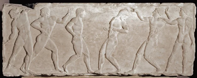 Marble relief of a funerary kouros representing six athletes. 510-500 BC. From the Acropolis, Athens. National Museum of Archaeology, Athens