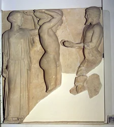 Metope X from the Temple of Zeus Depicting Hercules Receiving the Golden Apples of the Hesperides from the Hand of Atlas, while Minerva Rests a Cushion on His Head