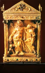 Naiskos with Dionysus inebriated and satyr, small Hellenistic style temple with garnets and emeralds from Thessaly