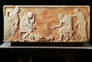 Stele depicting fight between dog and cat, 510 BC