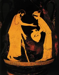 Man with walking stick and woman with water jar