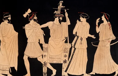 Birth of Athena coming out of the head of Jupiter (Zeus), painting found in Vulci, ed. 20th century