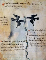 Depiction of Constantinople between two ravens, miniature from Oracle of Leo VI Wise