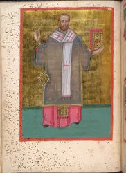 Egerton 2392, f.5v, Miniature of a Standing John Chrysostom Holding a Book, from Leitourgikon, Including Ordination Services and Prayers