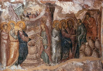 Marriage at Cana, Narthex Wall Painting, Afendiko Church, Brontochion Monastery
