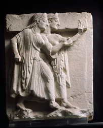 Metope depicting dancers, relief of ancient thesaurus, Campania, Italy 5th century BC
